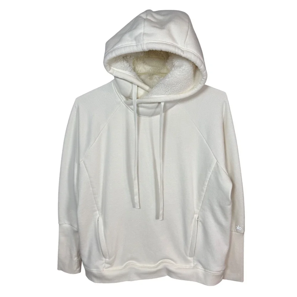 ALO YOGA Frost Faux Shearling Lined Hoodie, Beige, Size Large